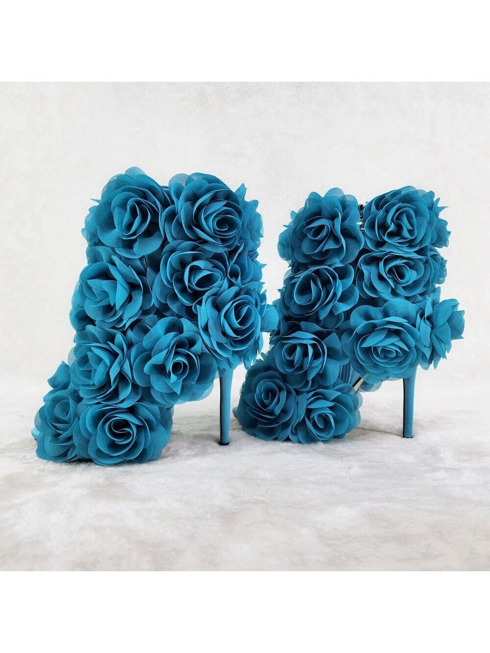 NIB Beauty 3D Flowers Floral High Heel Xoanna Elegant Ankle Boots Teal Blue